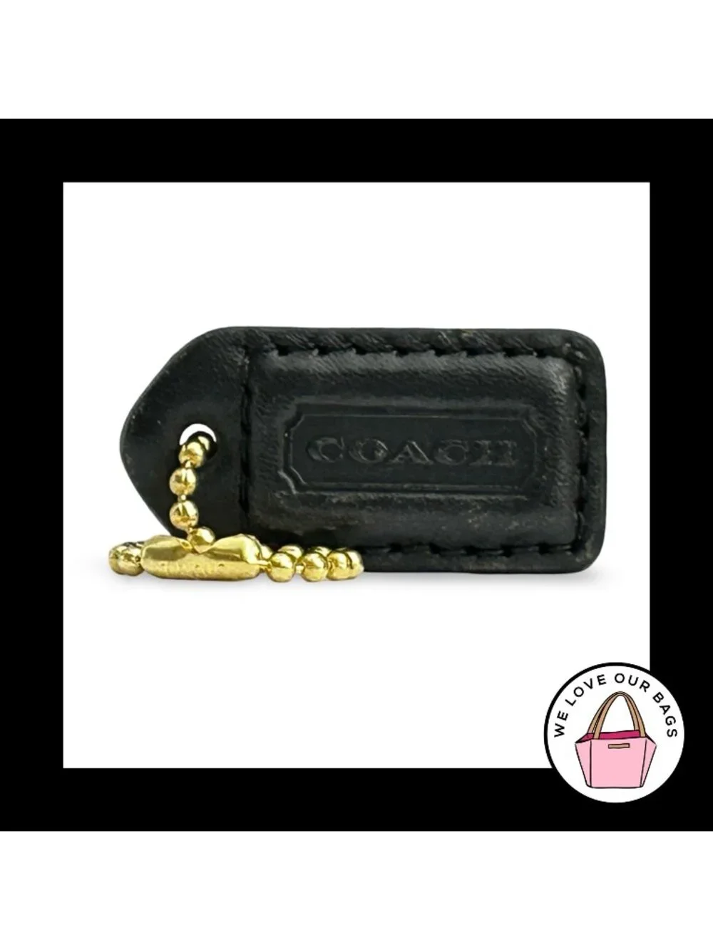 COACH Y2K VINTAGE Hang Tag 1.5" Black Leather Bag Charm Keychain Fob Brass Small